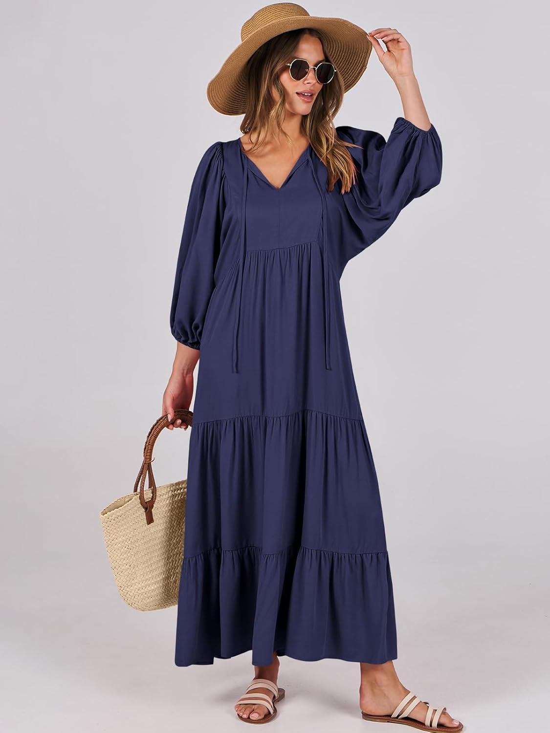 imageANRABESS Womens Boho Maxi Dresses 2025 Summer V Neck Puff Sleeve Floral Flowy Swing Fall Casual Long DressNavy Blue
