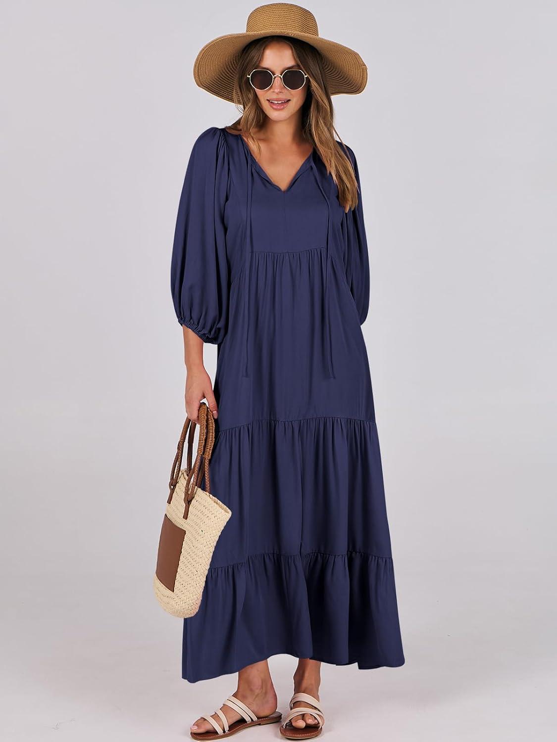 imageANRABESS Womens Boho Maxi Dresses 2025 Summer V Neck Puff Sleeve Floral Flowy Swing Fall Casual Long DressNavy Blue