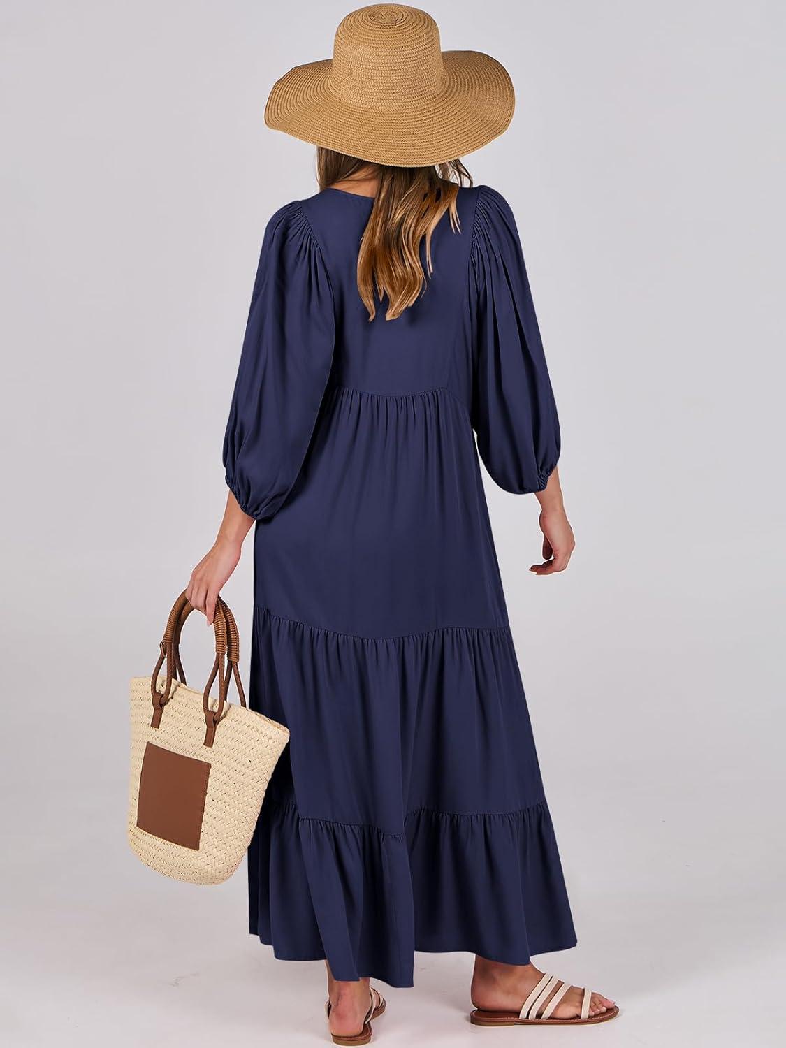 imageANRABESS Womens Boho Maxi Dresses 2025 Summer V Neck Puff Sleeve Floral Flowy Swing Fall Casual Long DressNavy Blue