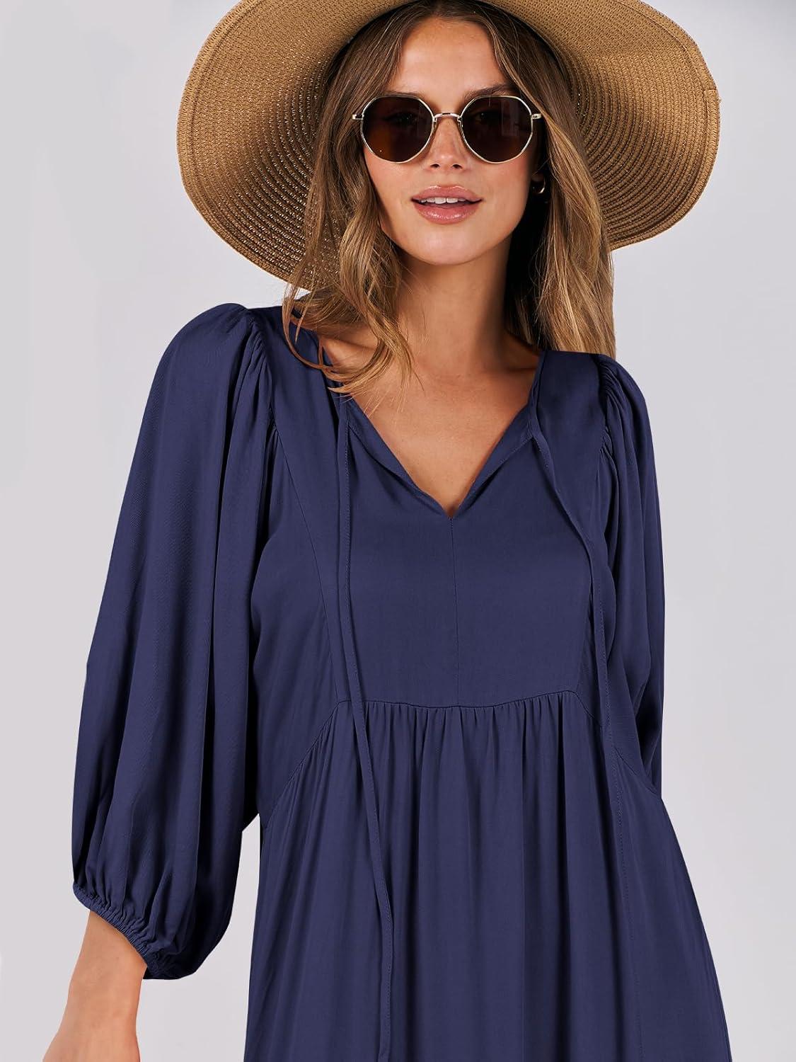 imageANRABESS Womens Boho Maxi Dresses 2025 Summer V Neck Puff Sleeve Floral Flowy Swing Fall Casual Long DressNavy Blue