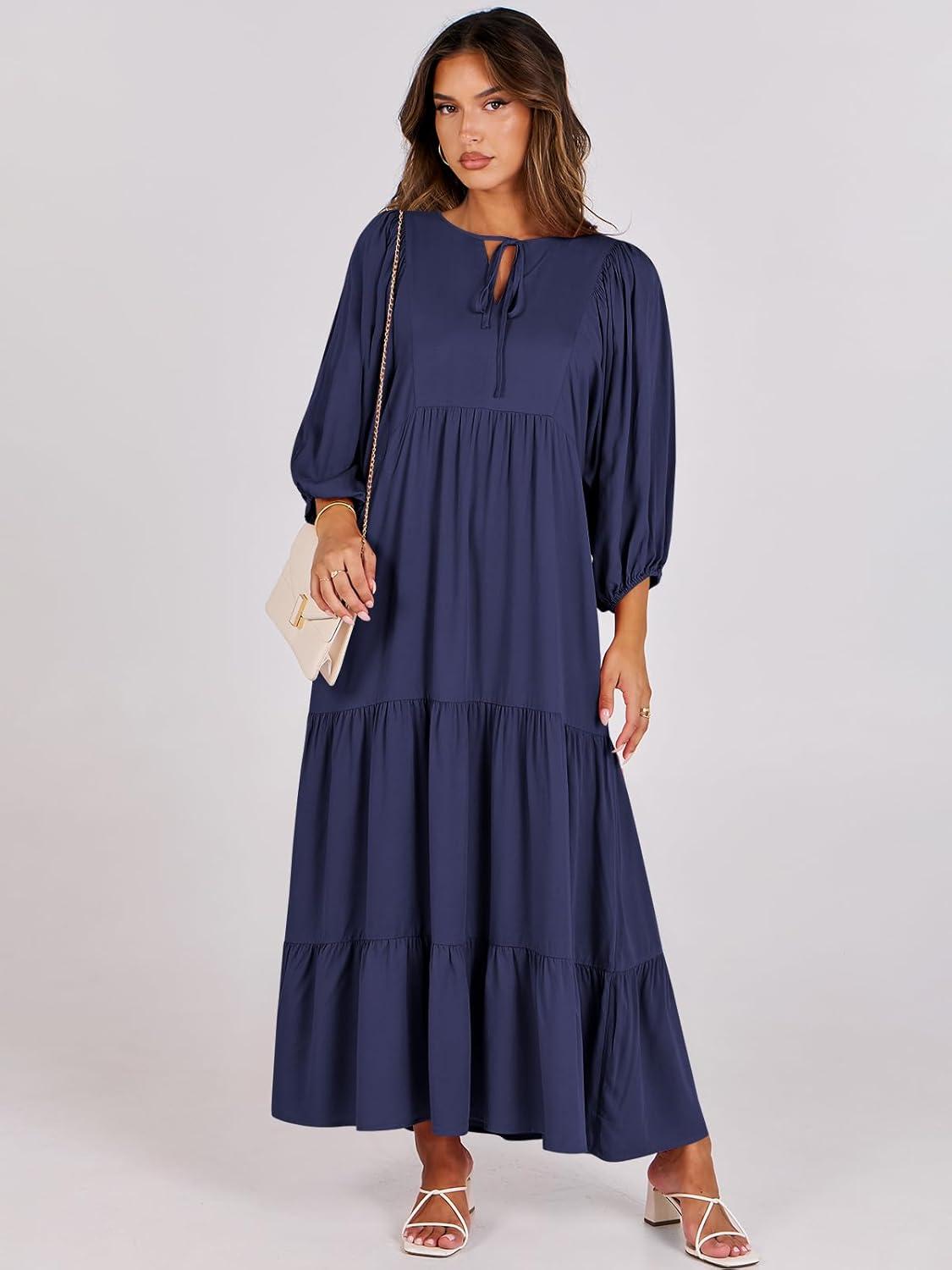 imageANRABESS Womens Boho Maxi Dresses 2025 Summer V Neck Puff Sleeve Floral Flowy Swing Fall Casual Long DressNavy Blue