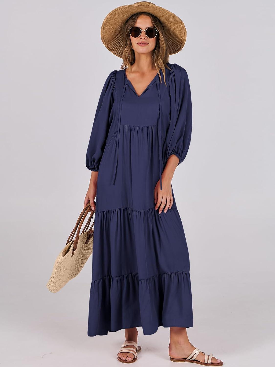 imageANRABESS Womens Boho Maxi Dresses 2025 Summer V Neck Puff Sleeve Floral Flowy Swing Fall Casual Long DressNavy Blue