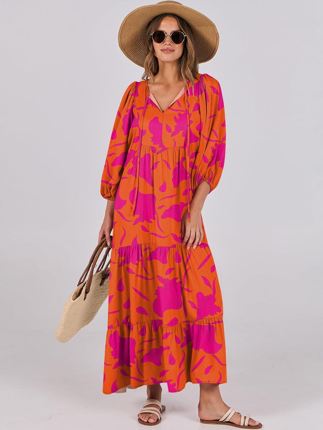 imageANRABESS Womens Boho Maxi Dresses 2025 Summer V Neck Puff Sleeve Floral Flowy Swing Fall Casual Long DressOrange Rose Floral