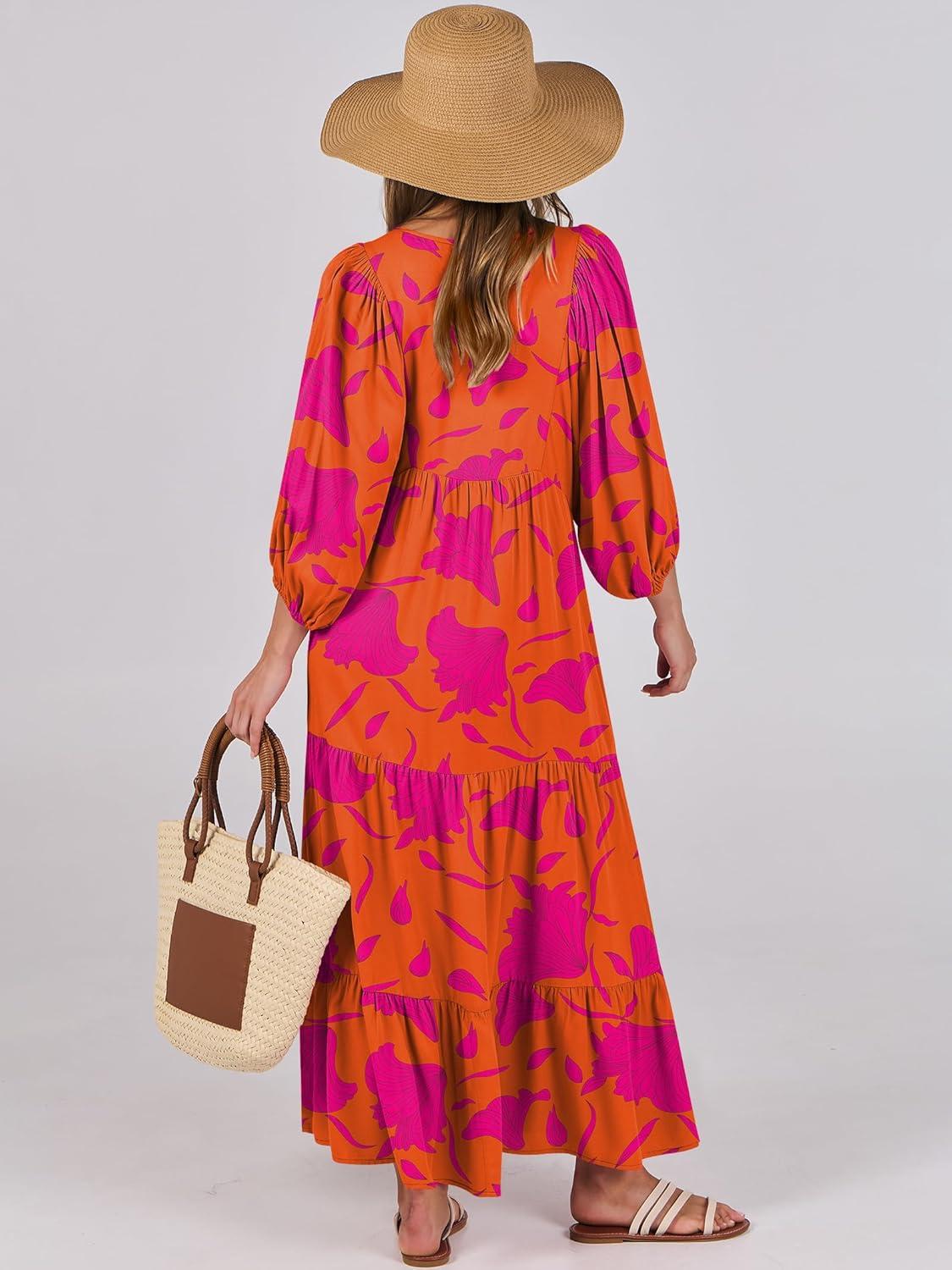 imageANRABESS Womens Boho Maxi Dresses 2025 Summer V Neck Puff Sleeve Floral Flowy Swing Fall Casual Long DressOrange Rose Floral