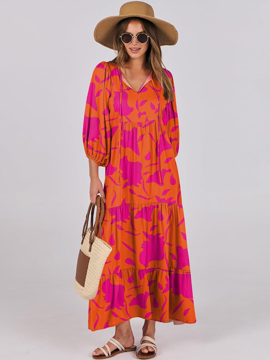 imageANRABESS Womens Boho Maxi Dresses 2025 Summer V Neck Puff Sleeve Floral Flowy Swing Fall Casual Long DressOrange Rose Floral