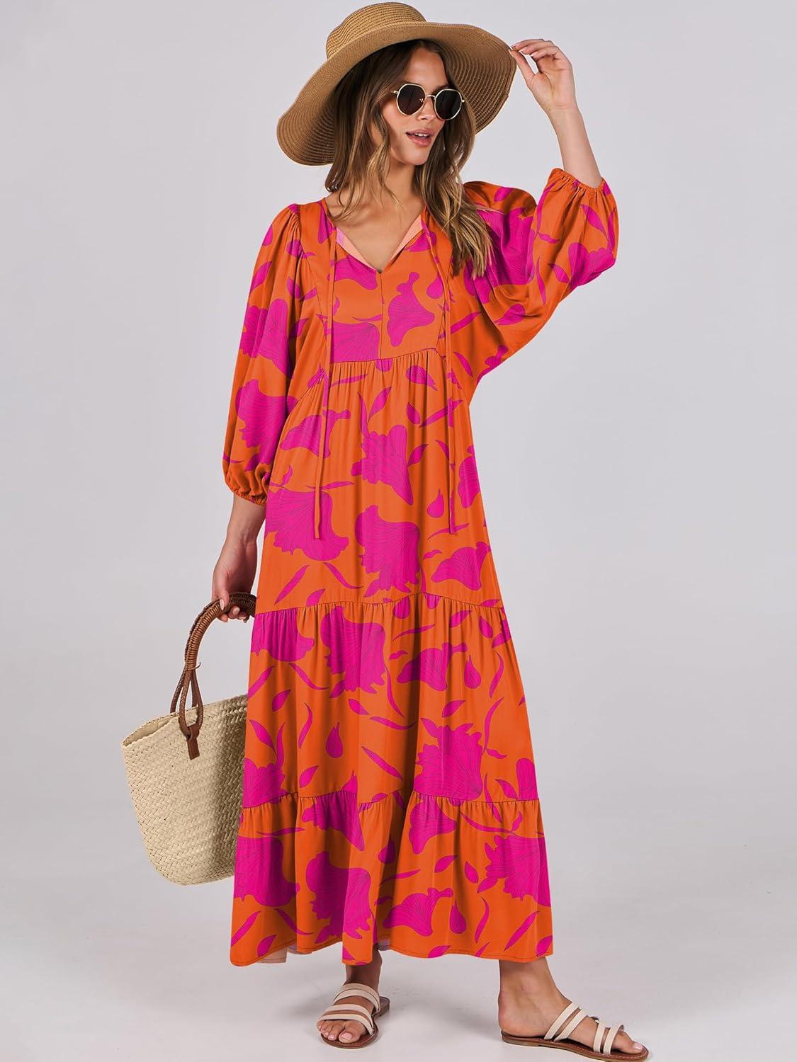 imageANRABESS Womens Boho Maxi Dresses 2025 Summer V Neck Puff Sleeve Floral Flowy Swing Fall Casual Long DressOrange Rose Floral
