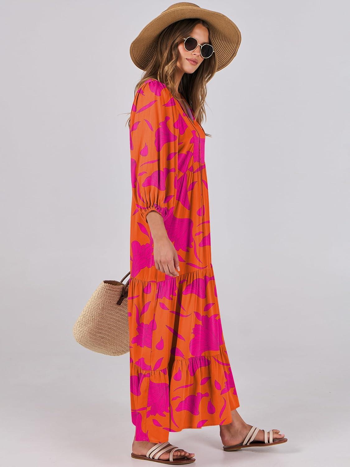 imageANRABESS Womens Boho Maxi Dresses 2025 Summer V Neck Puff Sleeve Floral Flowy Swing Fall Casual Long DressOrange Rose Floral