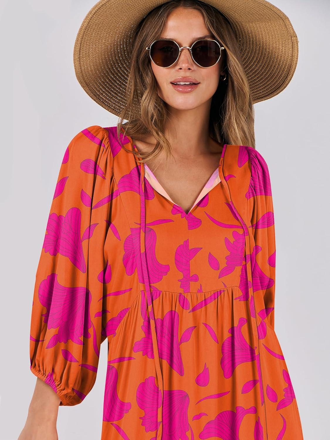 imageANRABESS Womens Boho Maxi Dresses 2025 Summer V Neck Puff Sleeve Floral Flowy Swing Fall Casual Long DressOrange Rose Floral