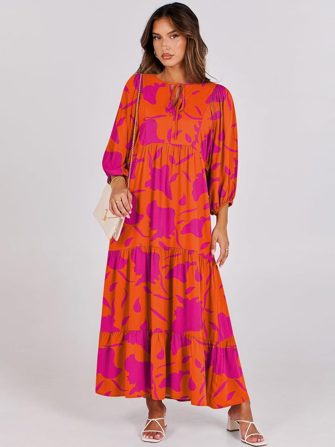 imageANRABESS Womens Boho Maxi Dresses 2025 Summer V Neck Puff Sleeve Floral Flowy Swing Fall Casual Long DressOrange Rose Floral