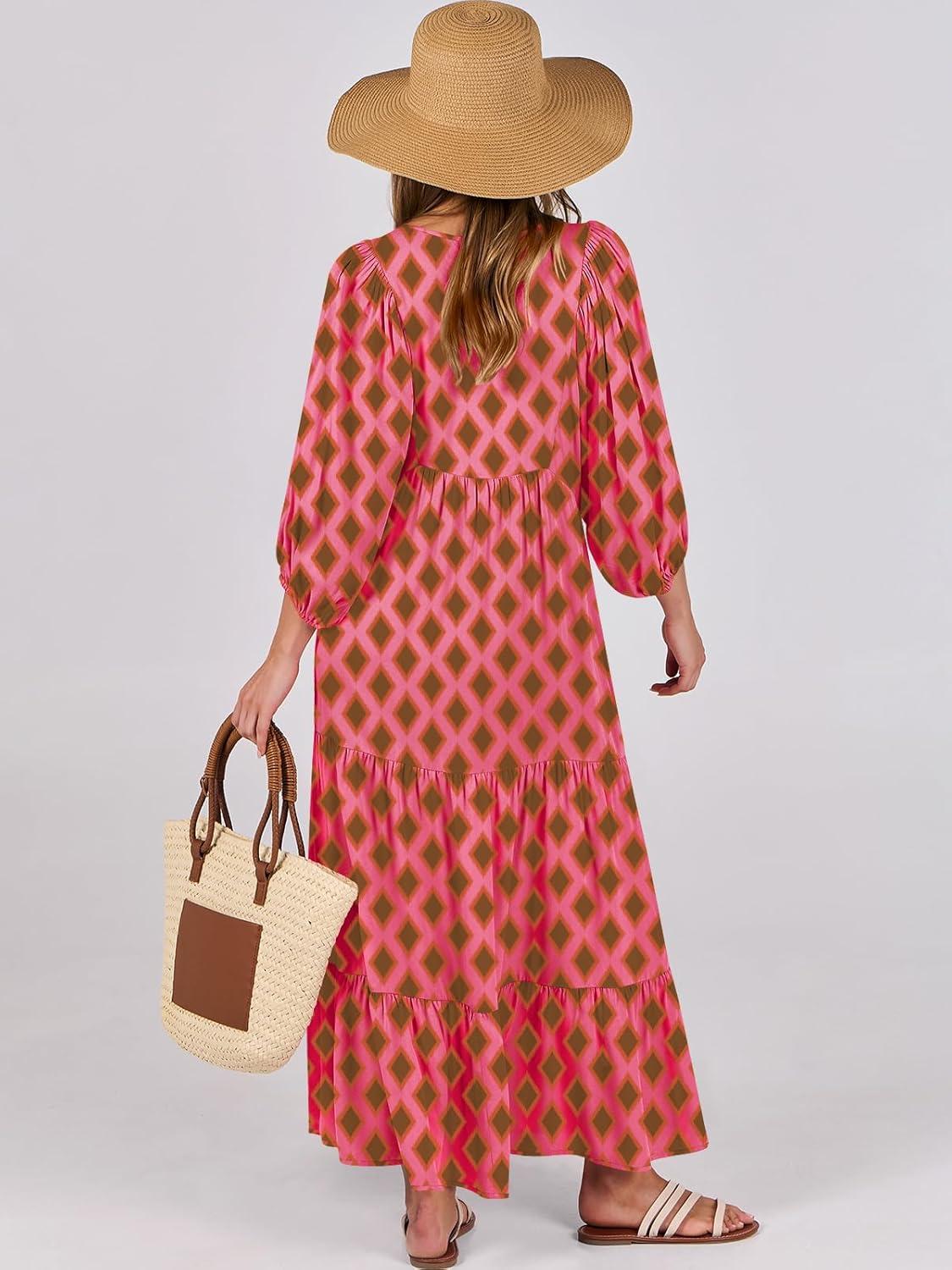 imageANRABESS Womens Boho Maxi Dresses 2025 Summer V Neck Puff Sleeve Floral Flowy Swing Fall Casual Long DressPink