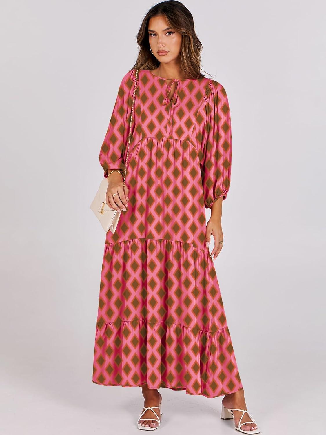 imageANRABESS Womens Boho Maxi Dresses 2025 Summer V Neck Puff Sleeve Floral Flowy Swing Fall Casual Long DressPink