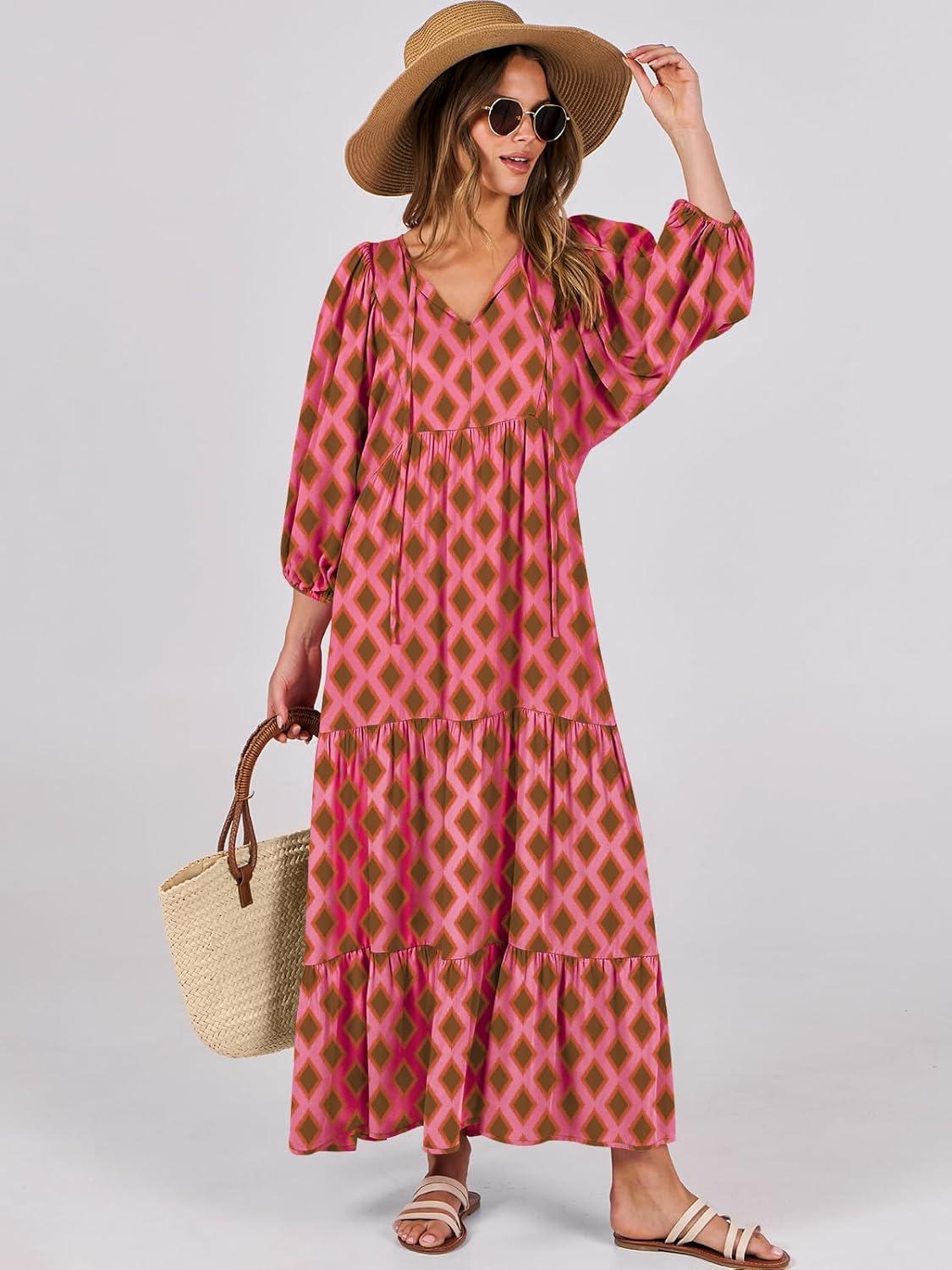 imageANRABESS Womens Boho Maxi Dresses 2025 Summer V Neck Puff Sleeve Floral Flowy Swing Fall Casual Long DressPink