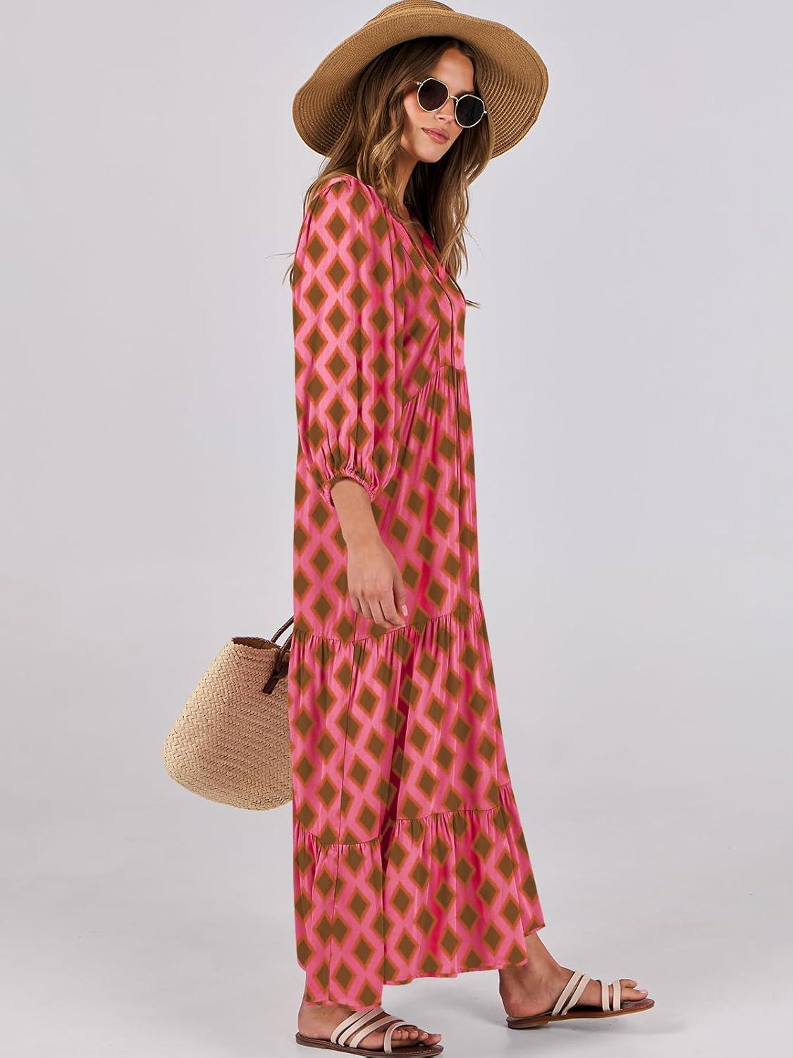 imageANRABESS Womens Boho Maxi Dresses 2025 Summer V Neck Puff Sleeve Floral Flowy Swing Fall Casual Long DressPink