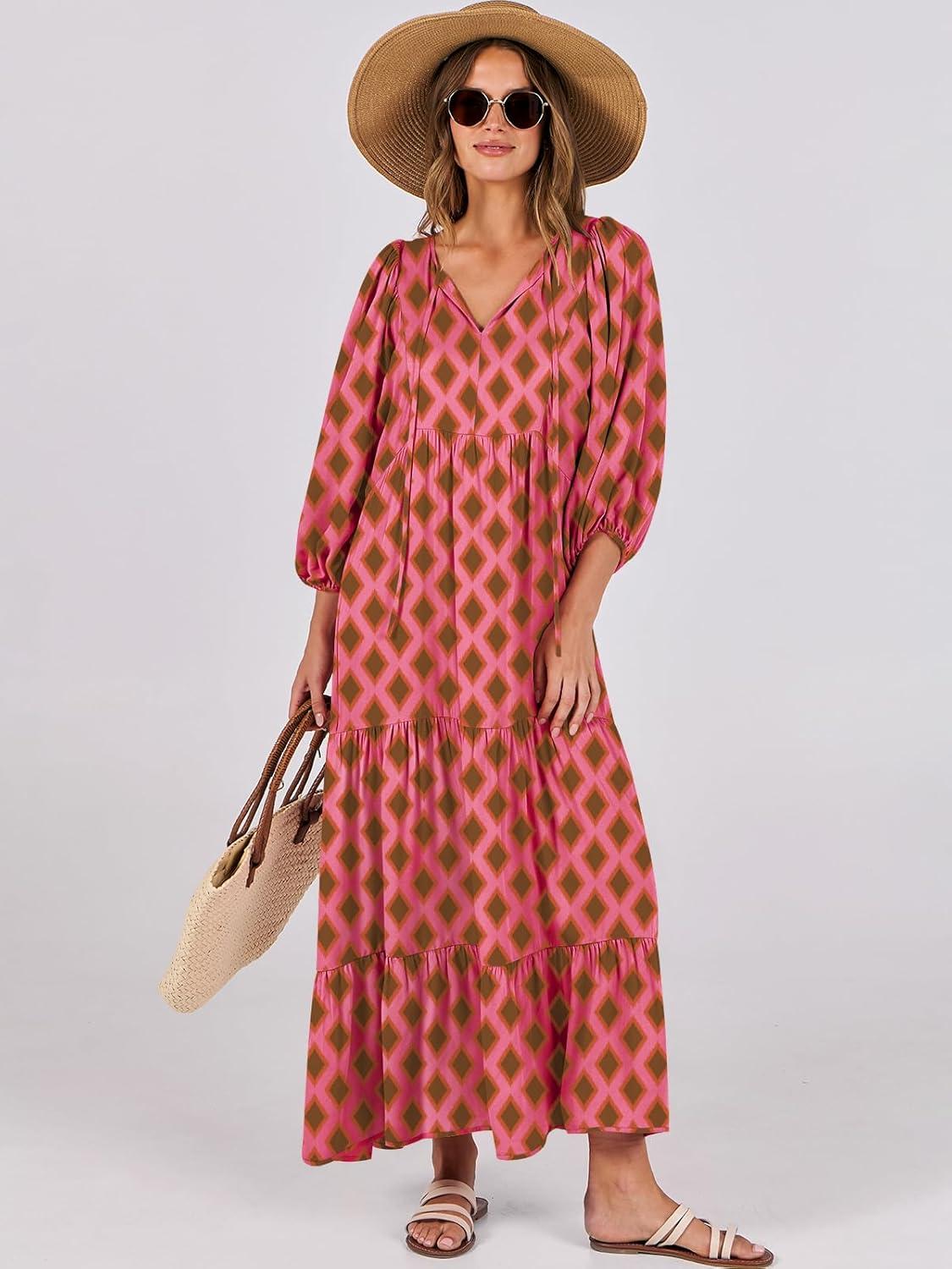 imageANRABESS Womens Boho Maxi Dresses 2025 Summer V Neck Puff Sleeve Floral Flowy Swing Fall Casual Long DressPink