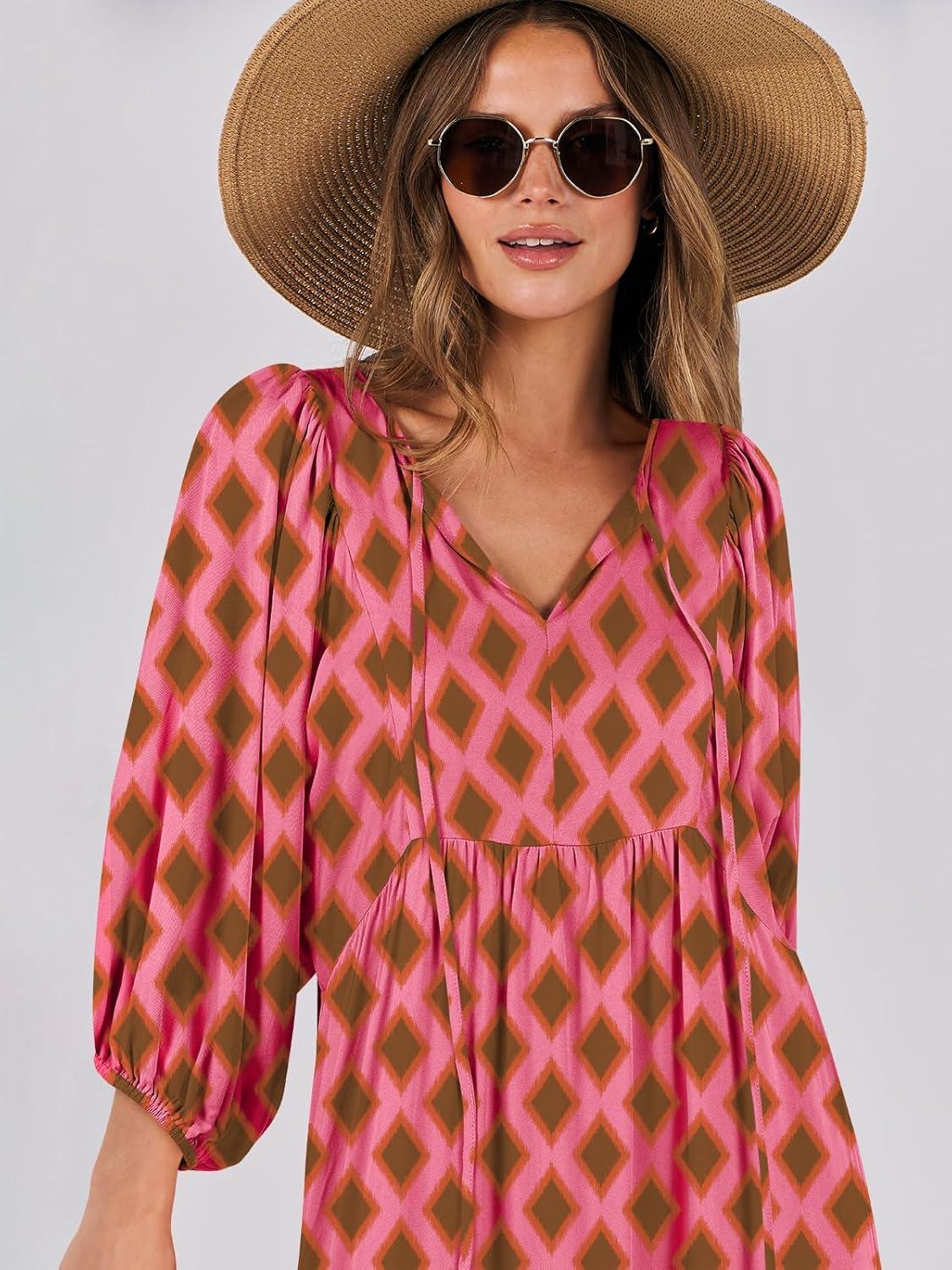 imageANRABESS Womens Boho Maxi Dresses 2025 Summer V Neck Puff Sleeve Floral Flowy Swing Fall Casual Long DressPink