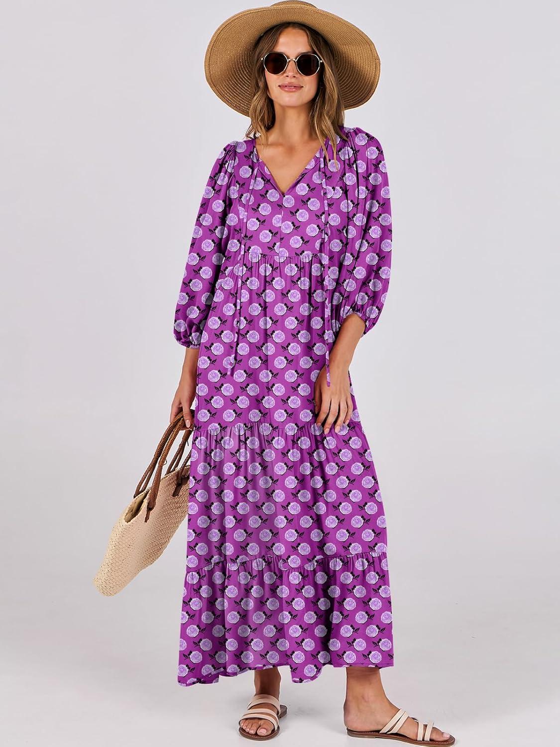 imageANRABESS Womens Boho Maxi Dresses 2025 Summer V Neck Puff Sleeve Floral Flowy Swing Fall Casual Long DressPurple