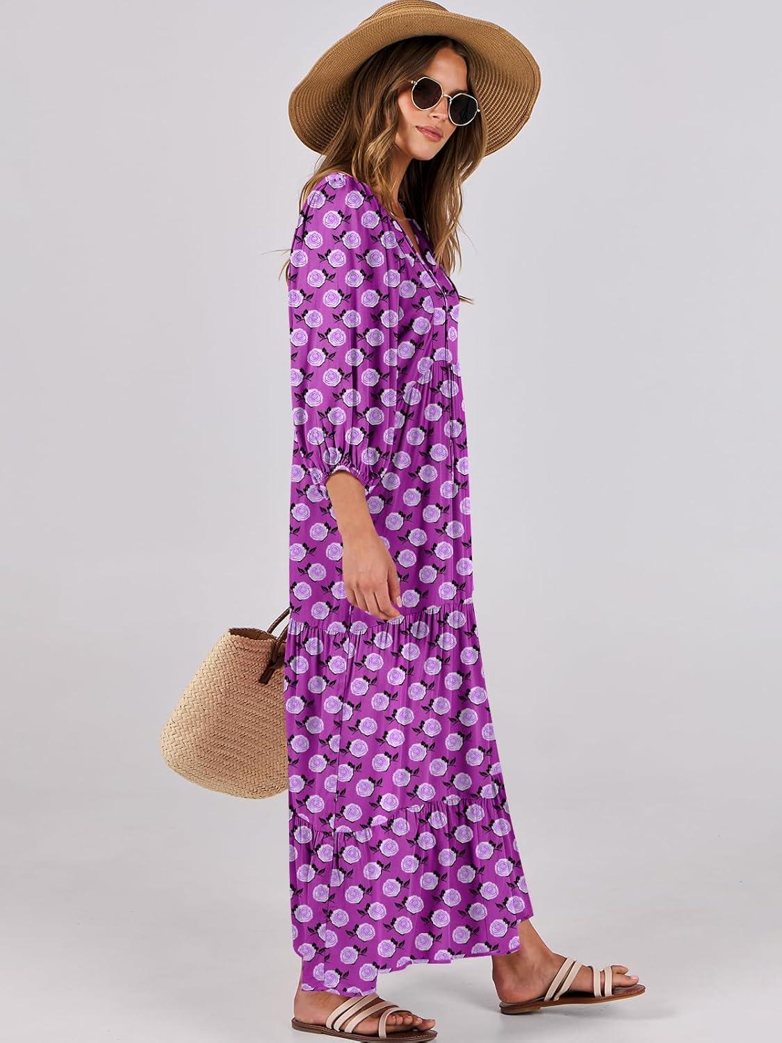 imageANRABESS Womens Boho Maxi Dresses 2025 Summer V Neck Puff Sleeve Floral Flowy Swing Fall Casual Long DressPurple