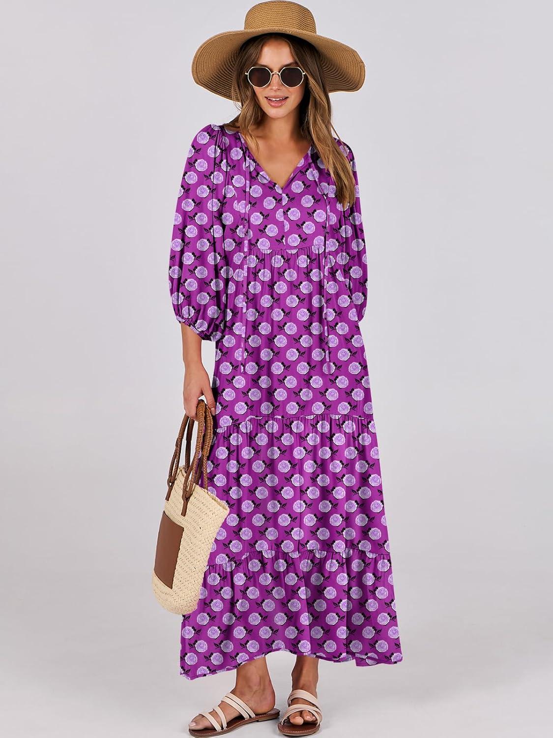imageANRABESS Womens Boho Maxi Dresses 2025 Summer V Neck Puff Sleeve Floral Flowy Swing Fall Casual Long DressPurple