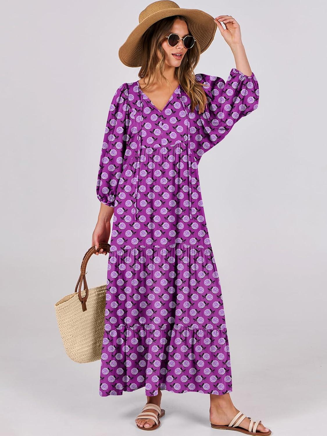 imageANRABESS Womens Boho Maxi Dresses 2025 Summer V Neck Puff Sleeve Floral Flowy Swing Fall Casual Long DressPurple