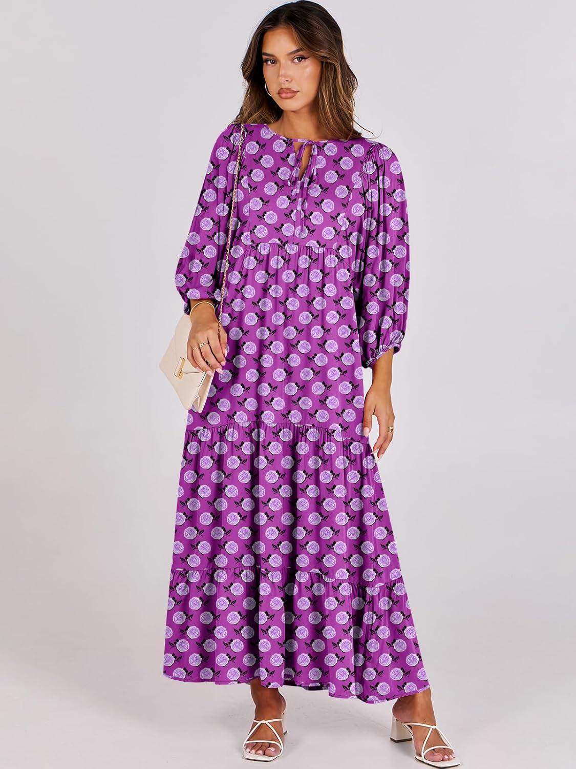 imageANRABESS Womens Boho Maxi Dresses 2025 Summer V Neck Puff Sleeve Floral Flowy Swing Fall Casual Long DressPurple