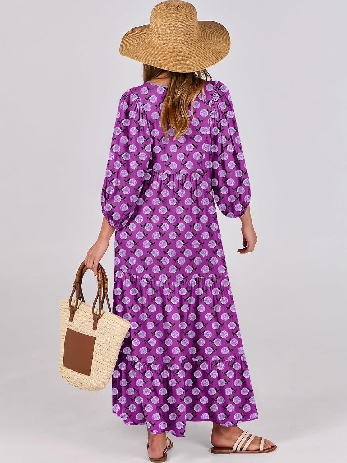 imageANRABESS Womens Boho Maxi Dresses 2025 Summer V Neck Puff Sleeve Floral Flowy Swing Fall Casual Long DressPurple