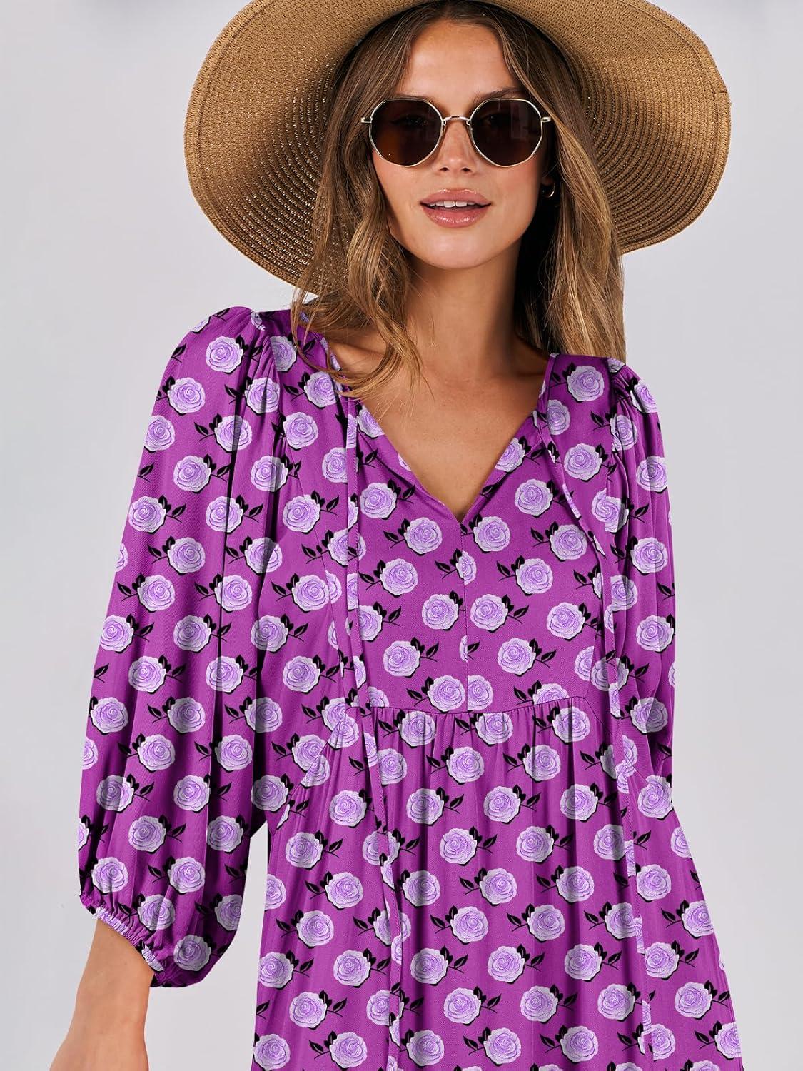 imageANRABESS Womens Boho Maxi Dresses 2025 Summer V Neck Puff Sleeve Floral Flowy Swing Fall Casual Long DressPurple