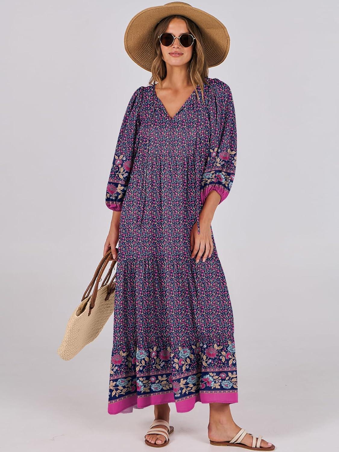 imageANRABESS Womens Boho Maxi Dresses 2025 Summer V Neck Puff Sleeve Floral Flowy Swing Fall Casual Long DressPurple Floral