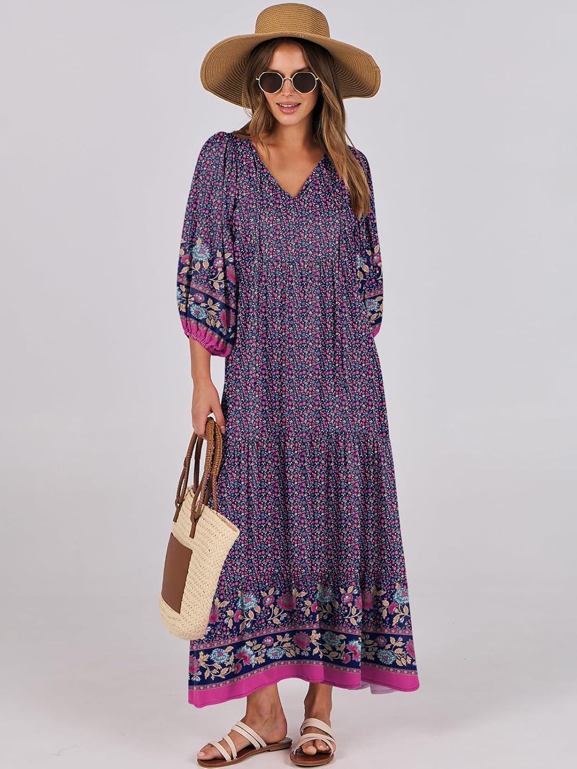imageANRABESS Womens Boho Maxi Dresses 2025 Summer V Neck Puff Sleeve Floral Flowy Swing Fall Casual Long DressPurple Floral