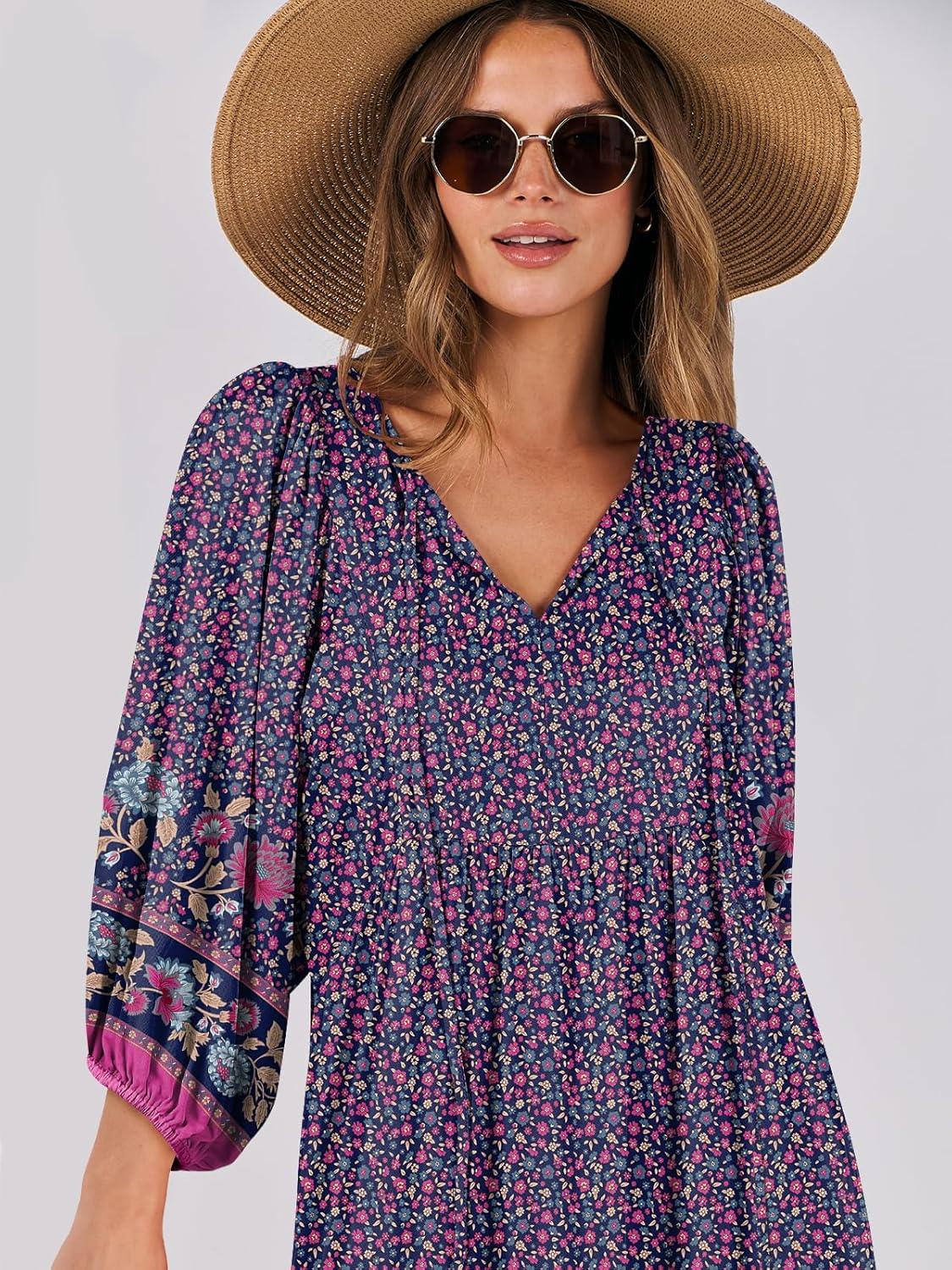 imageANRABESS Womens Boho Maxi Dresses 2025 Summer V Neck Puff Sleeve Floral Flowy Swing Fall Casual Long DressPurple Floral