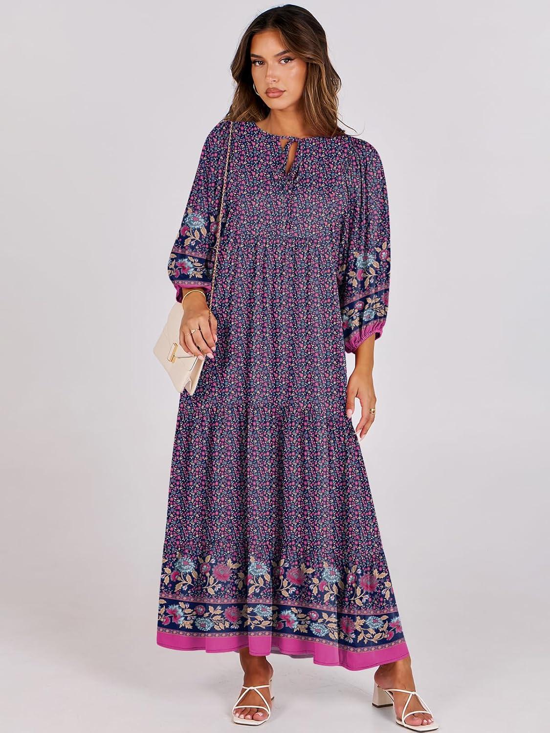 imageANRABESS Womens Boho Maxi Dresses 2025 Summer V Neck Puff Sleeve Floral Flowy Swing Fall Casual Long DressPurple Floral