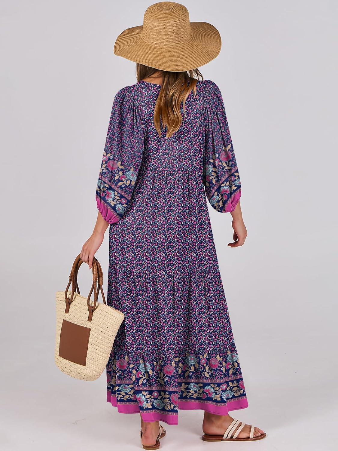 imageANRABESS Womens Boho Maxi Dresses 2025 Summer V Neck Puff Sleeve Floral Flowy Swing Fall Casual Long DressPurple Floral