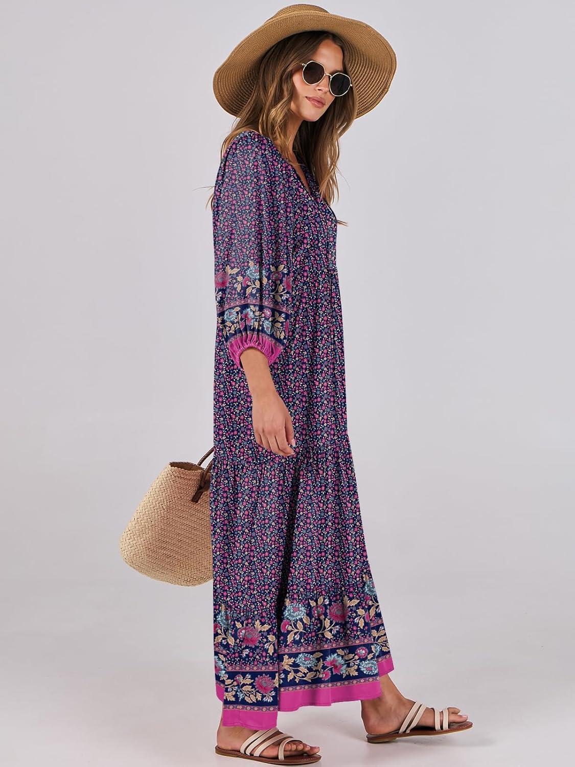 imageANRABESS Womens Boho Maxi Dresses 2025 Summer V Neck Puff Sleeve Floral Flowy Swing Fall Casual Long DressPurple Floral