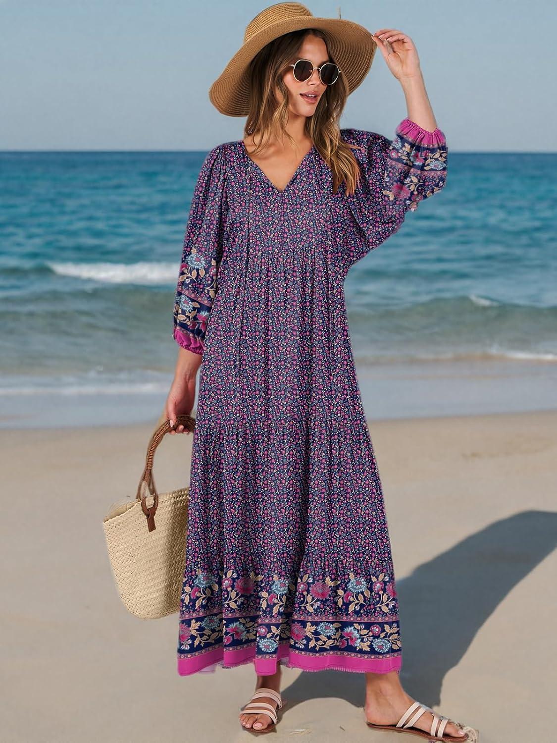 imageANRABESS Womens Boho Maxi Dresses 2025 Summer V Neck Puff Sleeve Floral Flowy Swing Fall Casual Long DressPurple Floral