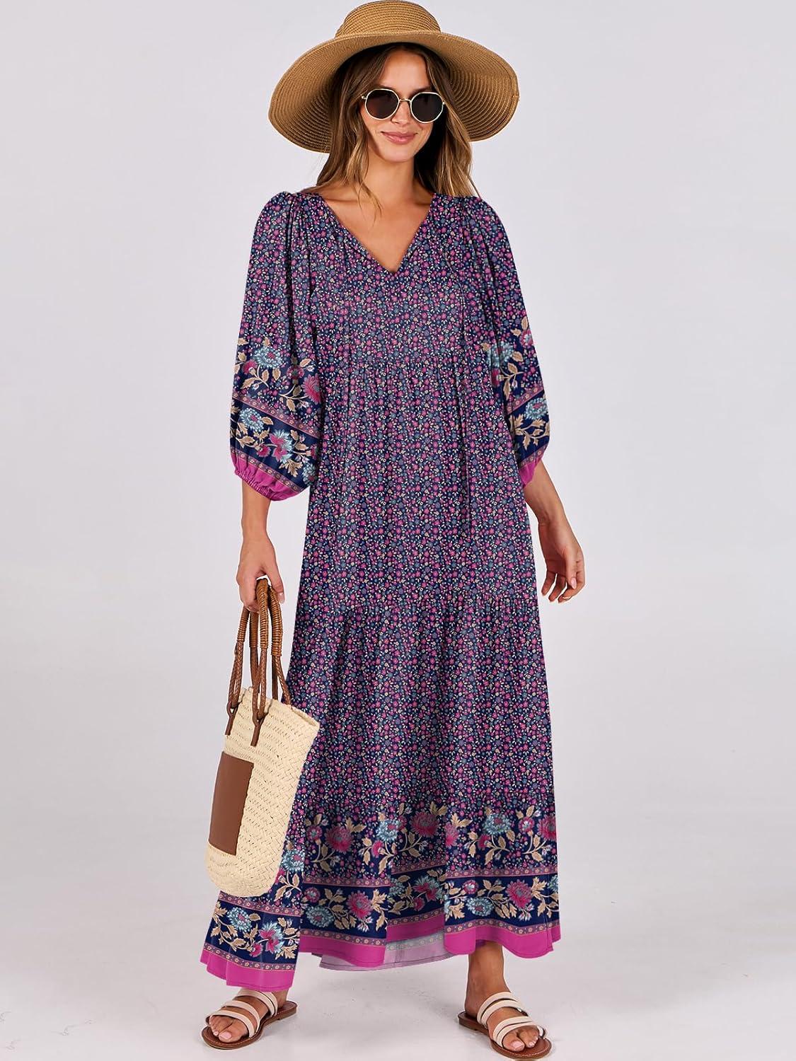 imageANRABESS Womens Boho Maxi Dresses 2025 Summer V Neck Puff Sleeve Floral Flowy Swing Fall Casual Long DressPurple Floral