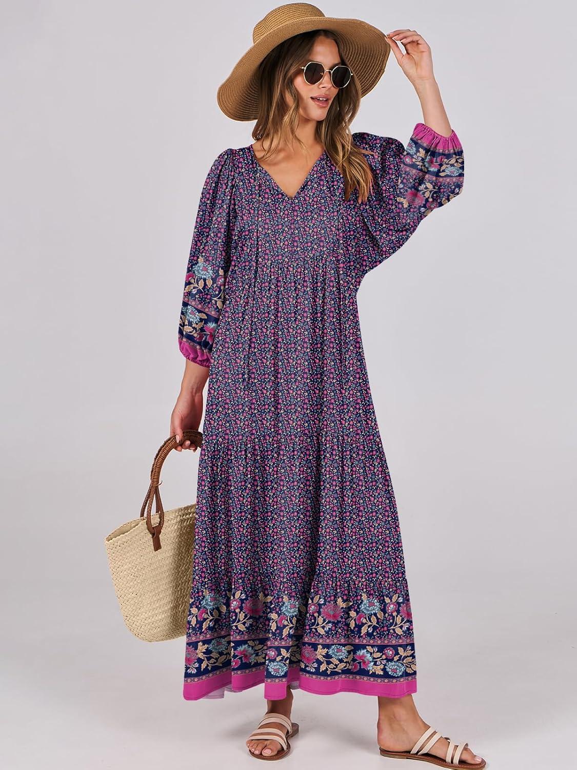 imageANRABESS Womens Boho Maxi Dresses 2025 Summer V Neck Puff Sleeve Floral Flowy Swing Fall Casual Long DressPurple Floral