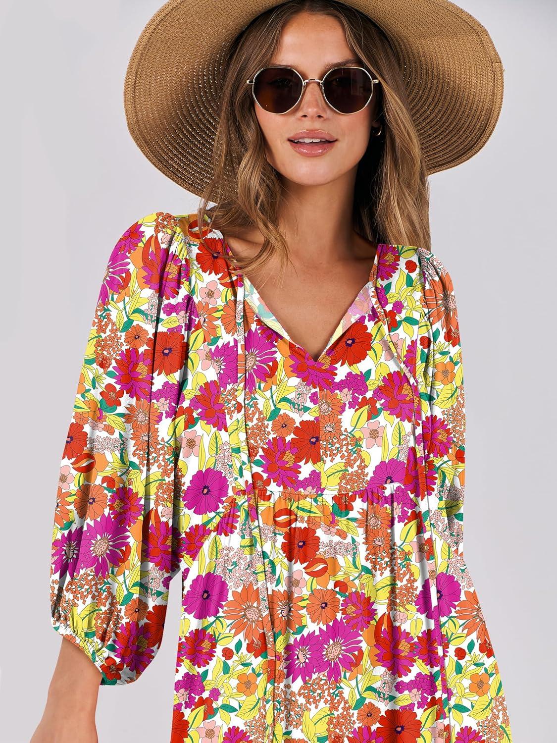 imageANRABESS Womens Boho Maxi Dresses 2025 Summer V Neck Puff Sleeve Floral Flowy Swing Fall Casual Long DressPurple Orange Floral