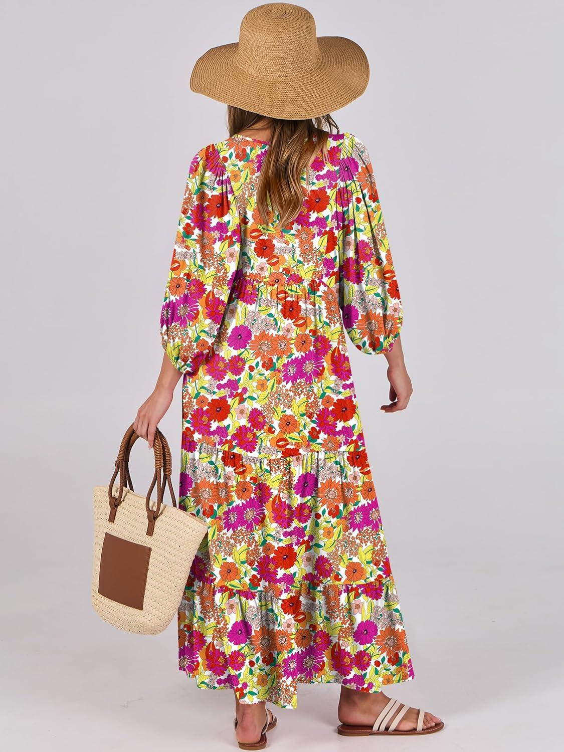 imageANRABESS Womens Boho Maxi Dresses 2025 Summer V Neck Puff Sleeve Floral Flowy Swing Fall Casual Long DressPurple Orange Floral
