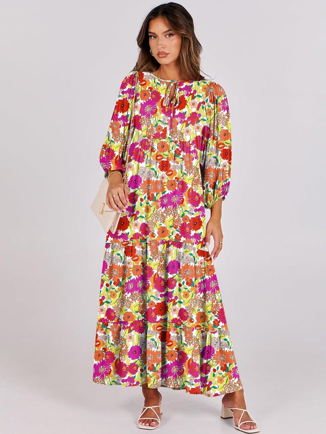 imageANRABESS Womens Boho Maxi Dresses 2025 Summer V Neck Puff Sleeve Floral Flowy Swing Fall Casual Long DressPurple Orange Floral