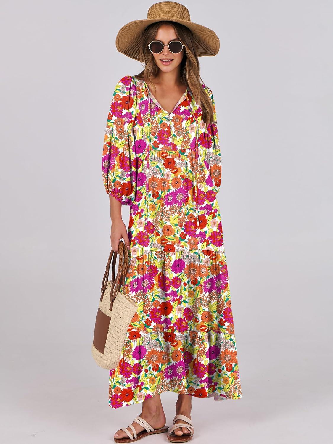 imageANRABESS Womens Boho Maxi Dresses 2025 Summer V Neck Puff Sleeve Floral Flowy Swing Fall Casual Long DressPurple Orange Floral