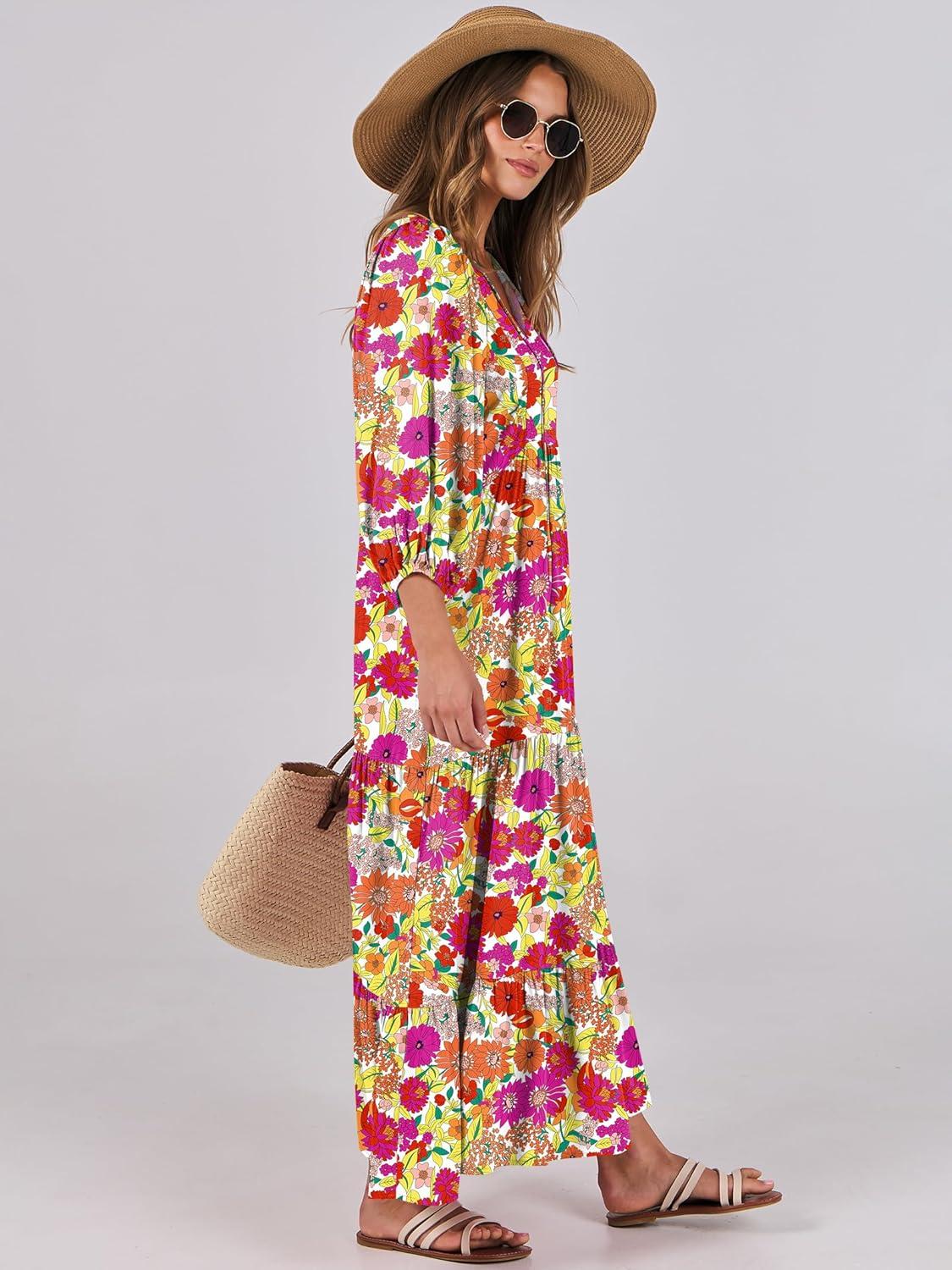 imageANRABESS Womens Boho Maxi Dresses 2025 Summer V Neck Puff Sleeve Floral Flowy Swing Fall Casual Long DressPurple Orange Floral