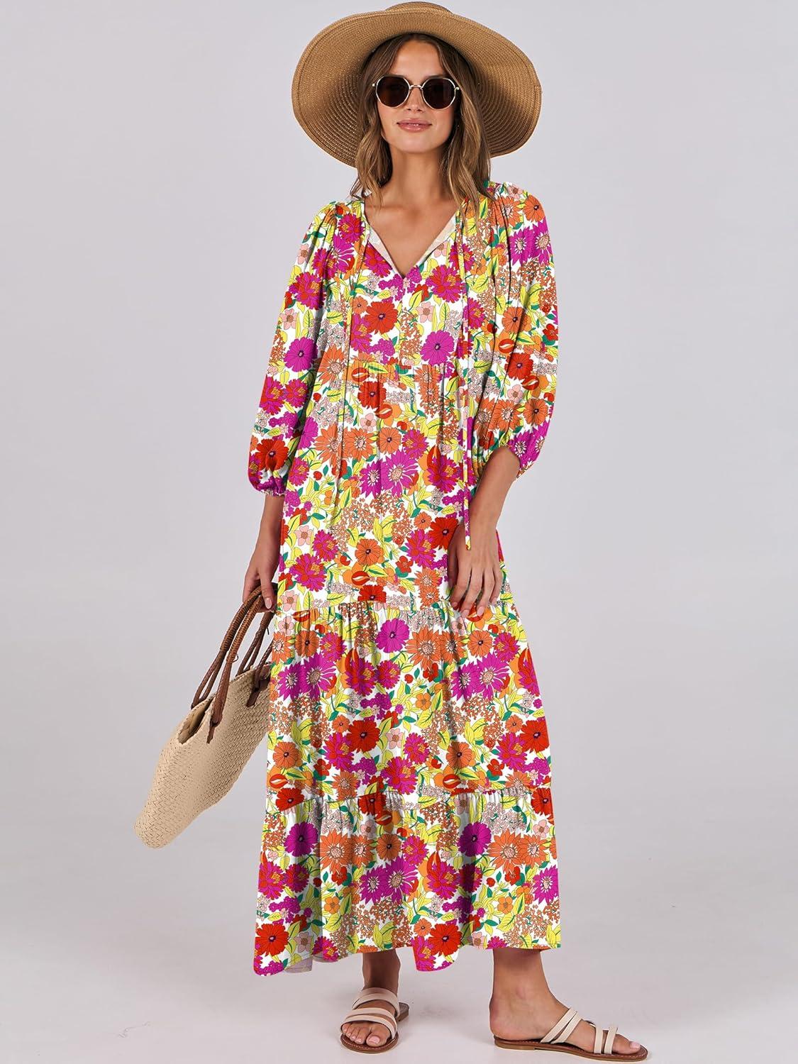 imageANRABESS Womens Boho Maxi Dresses 2025 Summer V Neck Puff Sleeve Floral Flowy Swing Fall Casual Long DressPurple Orange Floral