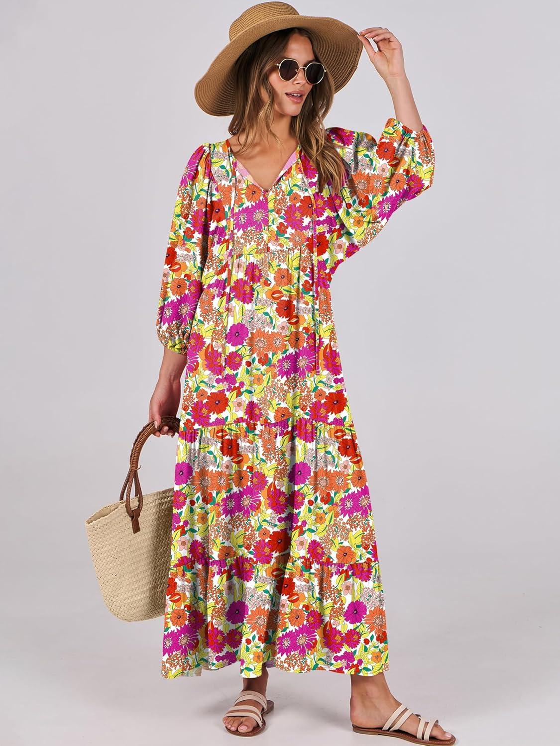 imageANRABESS Womens Boho Maxi Dresses 2025 Summer V Neck Puff Sleeve Floral Flowy Swing Fall Casual Long DressPurple Orange Floral