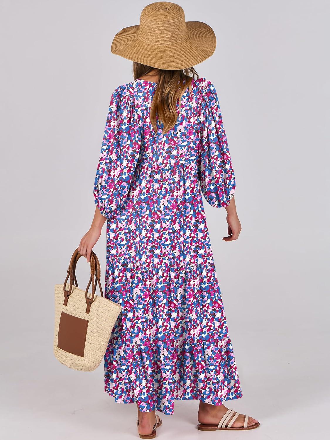 imageANRABESS Womens Boho Maxi Dresses 2025 Summer V Neck Puff Sleeve Floral Flowy Swing Fall Casual Long DressPurple Pink Floral