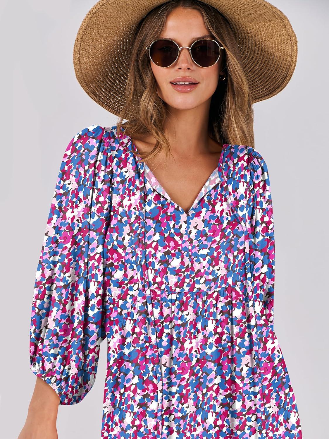 imageANRABESS Womens Boho Maxi Dresses 2025 Summer V Neck Puff Sleeve Floral Flowy Swing Fall Casual Long DressPurple Pink Floral