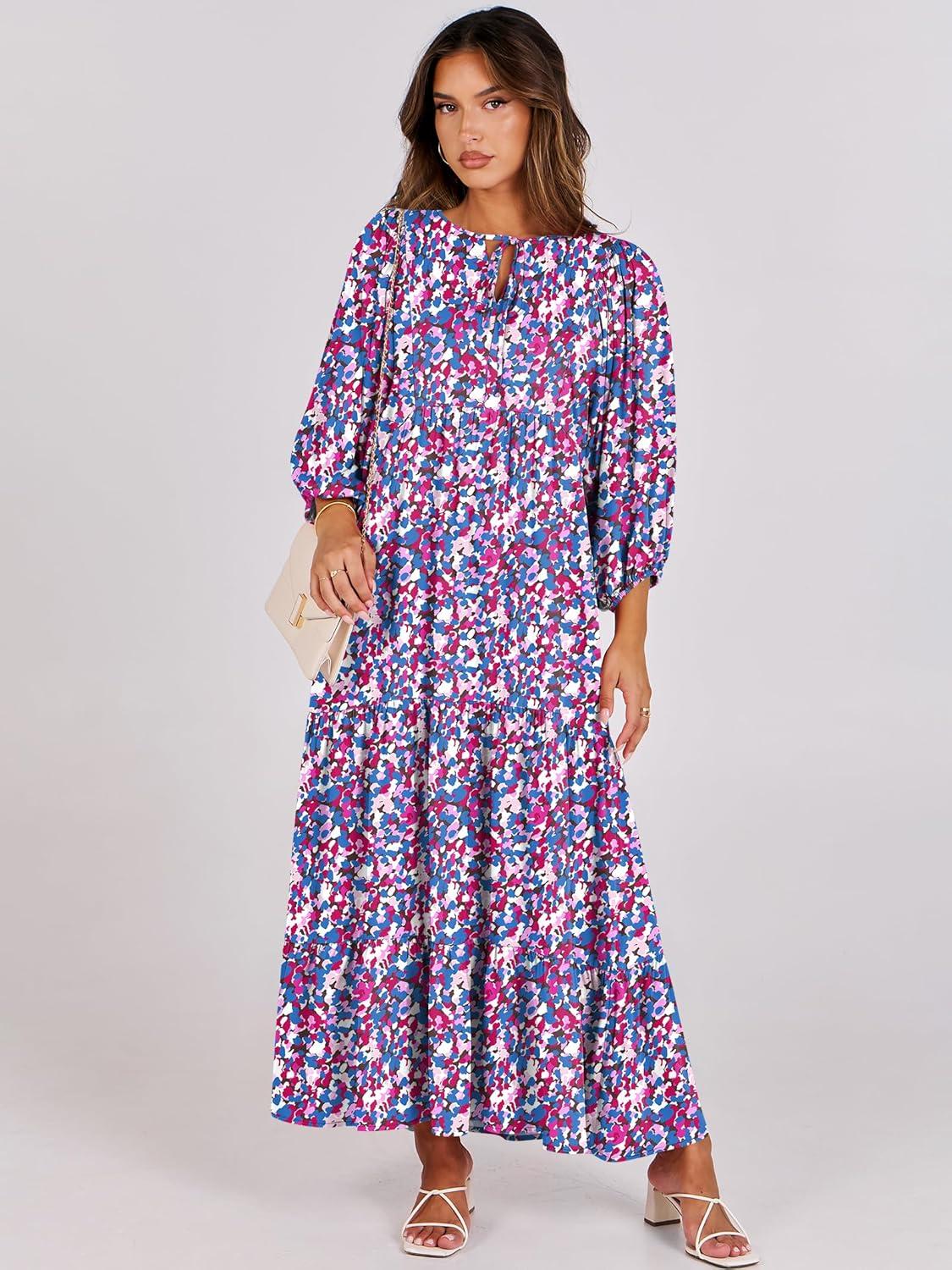 imageANRABESS Womens Boho Maxi Dresses 2025 Summer V Neck Puff Sleeve Floral Flowy Swing Fall Casual Long DressPurple Pink Floral