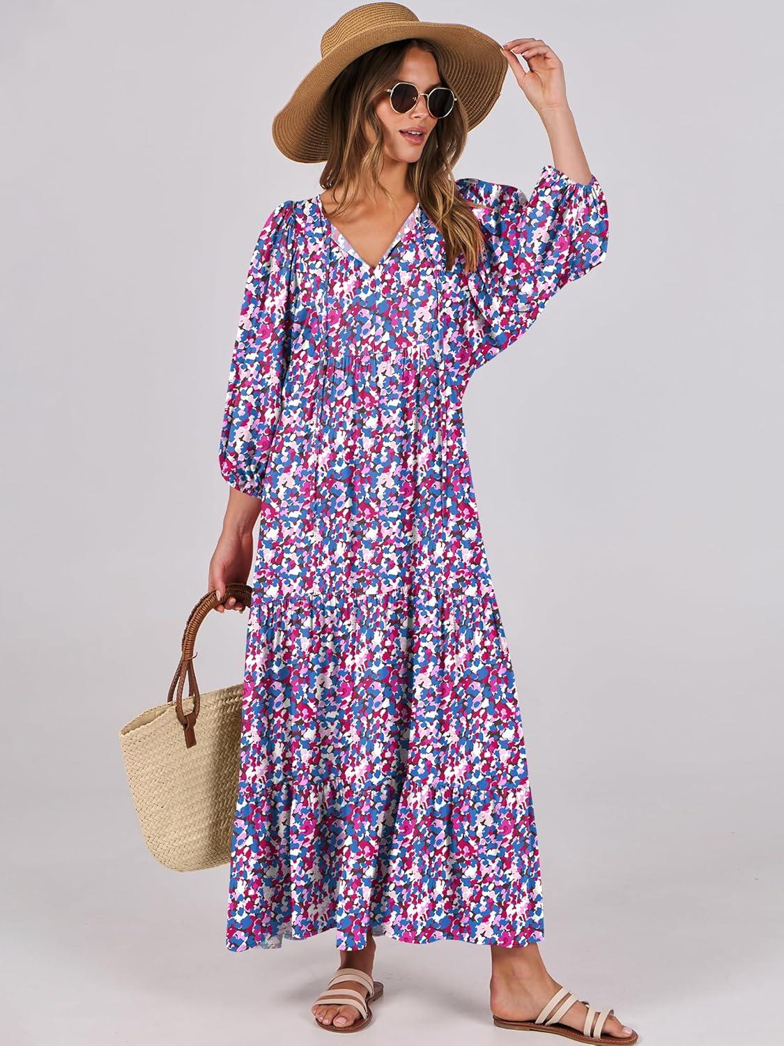 imageANRABESS Womens Boho Maxi Dresses 2025 Summer V Neck Puff Sleeve Floral Flowy Swing Fall Casual Long DressPurple Pink Floral