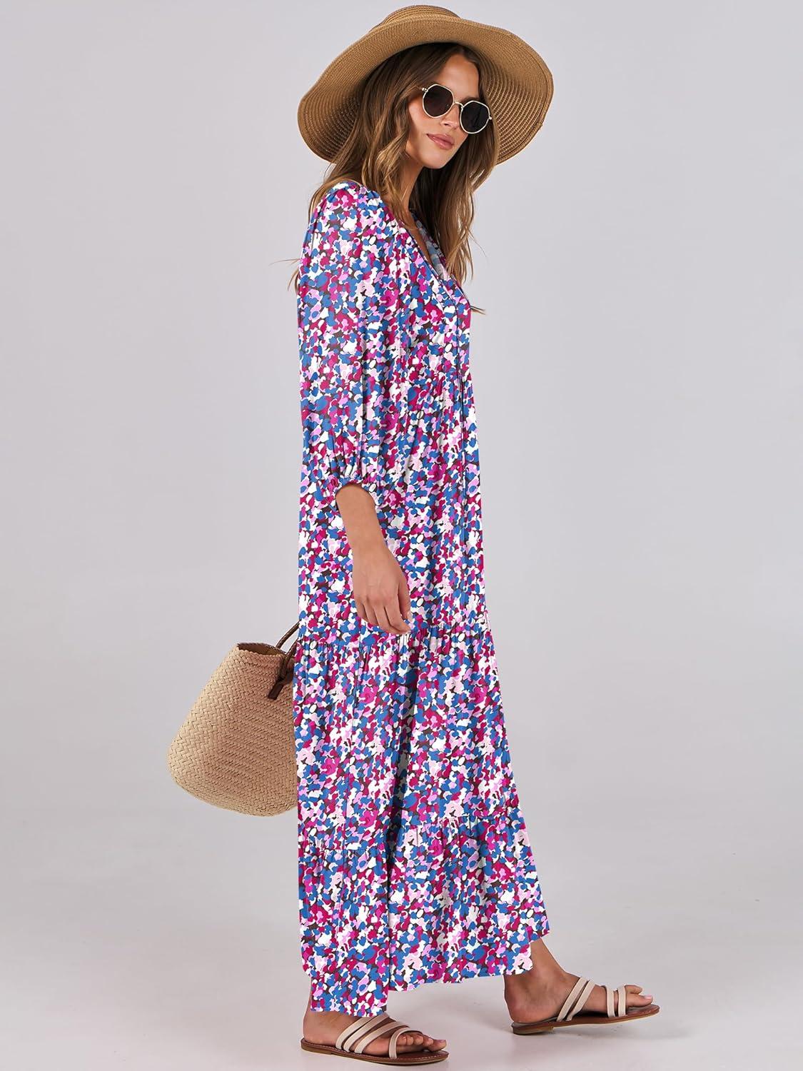 imageANRABESS Womens Boho Maxi Dresses 2025 Summer V Neck Puff Sleeve Floral Flowy Swing Fall Casual Long DressPurple Pink Floral