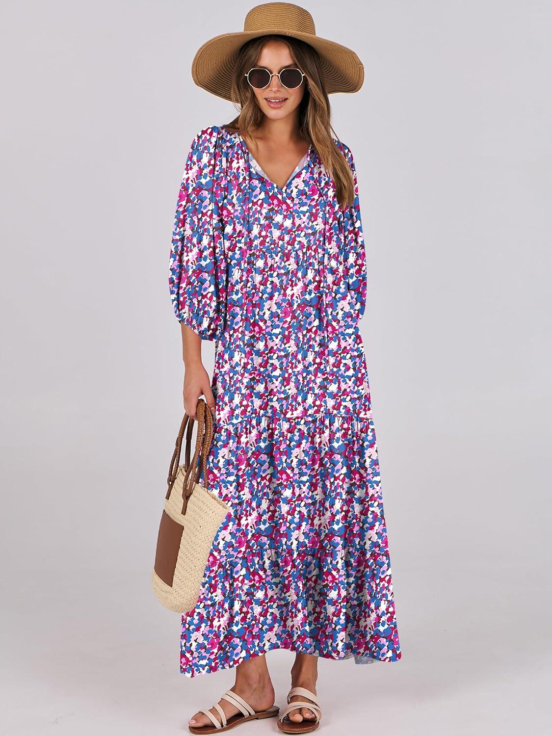 imageANRABESS Womens Boho Maxi Dresses 2025 Summer V Neck Puff Sleeve Floral Flowy Swing Fall Casual Long DressPurple Pink Floral