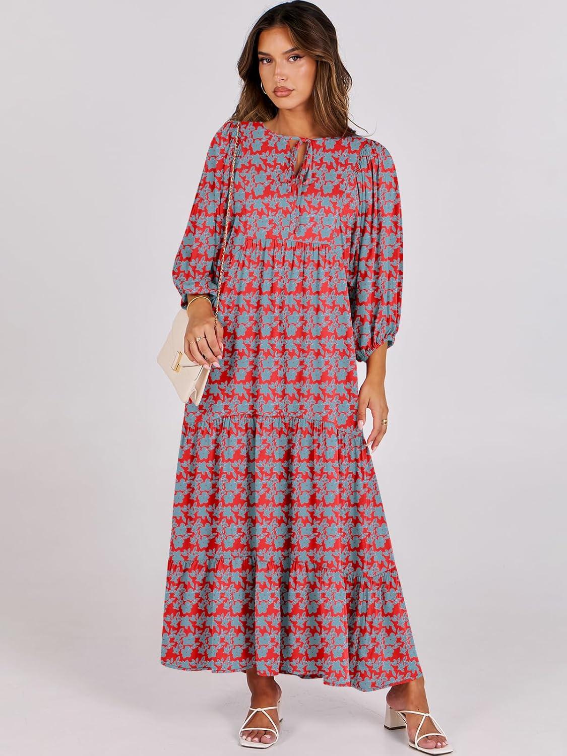 imageANRABESS Womens Boho Maxi Dresses 2025 Summer V Neck Puff Sleeve Floral Flowy Swing Fall Casual Long DressRed Blue