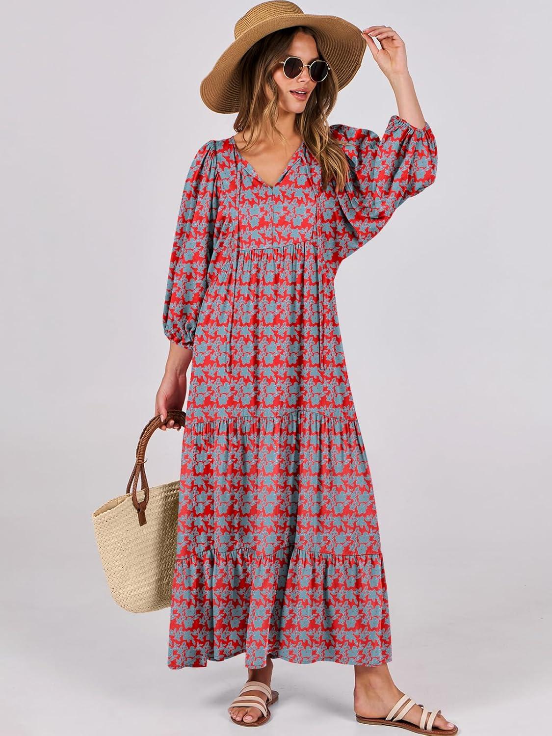 imageANRABESS Womens Boho Maxi Dresses 2025 Summer V Neck Puff Sleeve Floral Flowy Swing Fall Casual Long DressRed Blue